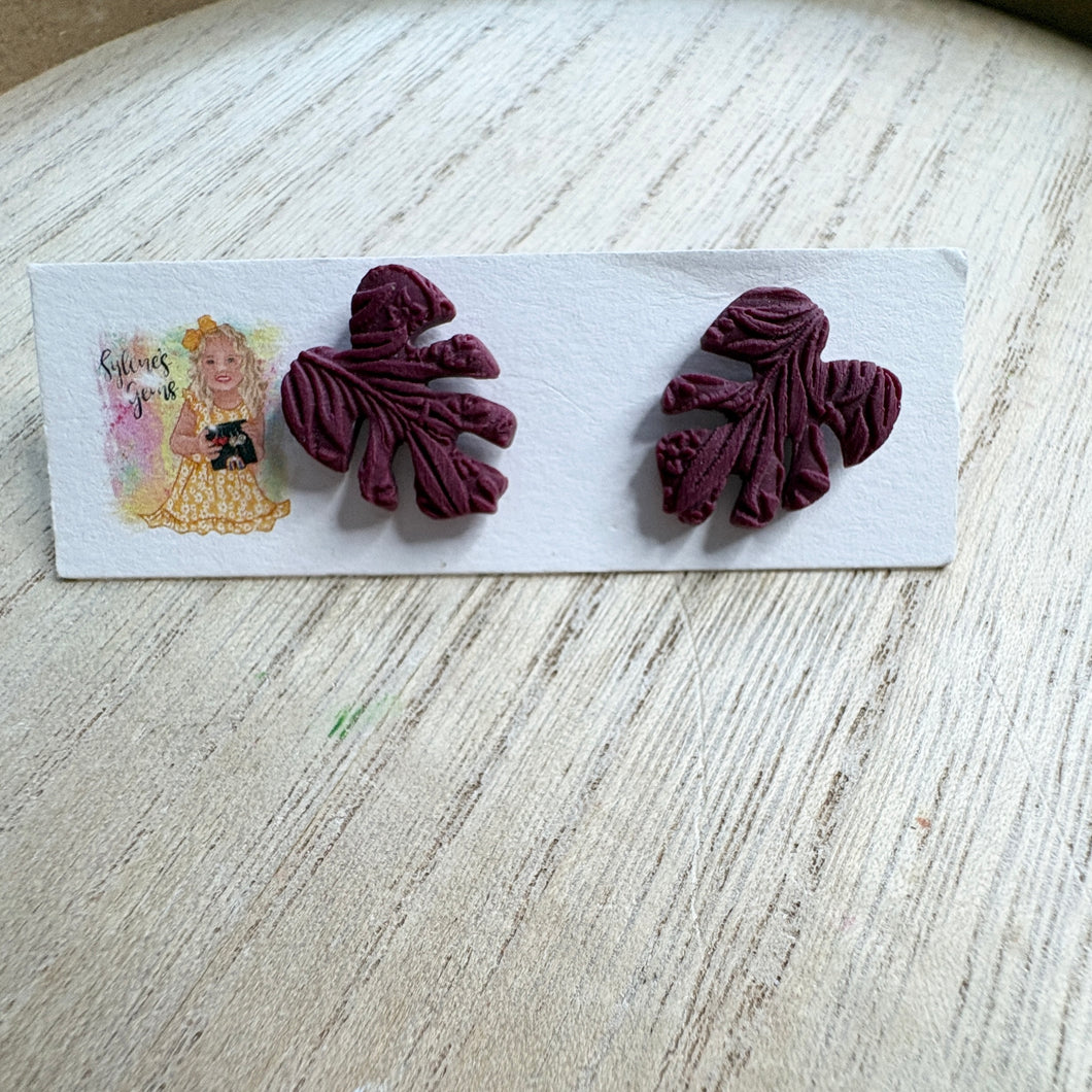 Textured Maroon Monstera Studs